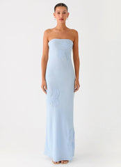 Sassafras Beaded Flower Strapless Maxi Dress - Blue