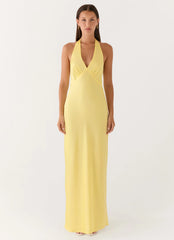 Heavy Hearted Satin Maxi Dress - Lemon