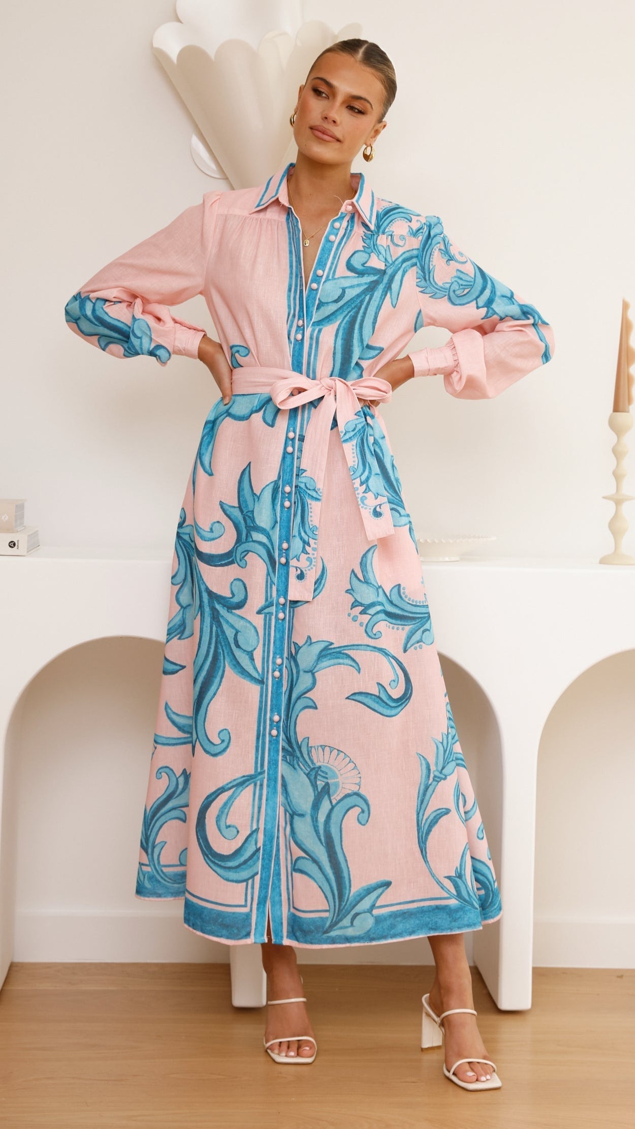 Lucia Long Sleeve Maxi Dress - Aqua/Pink Print