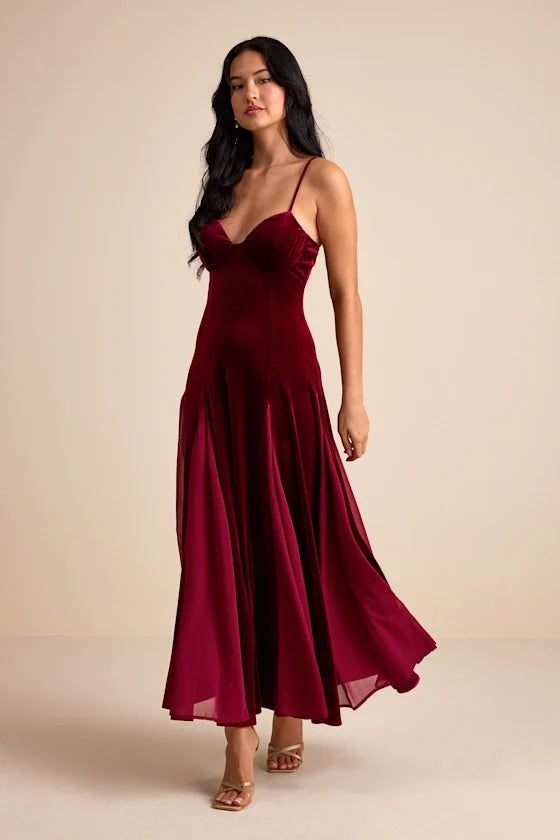 Elisha Burgundy and Red Velvet Pleated Midi Dress